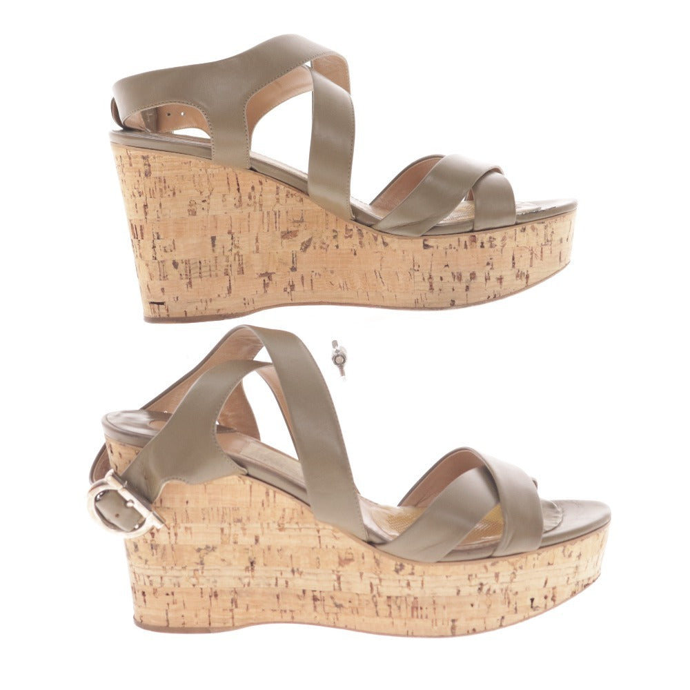 ■ フェラガモ サンダル シューズ 靴 ウェッジソール ストラップ ベルト レディース 6 カーキグレー グリーン 箱付き