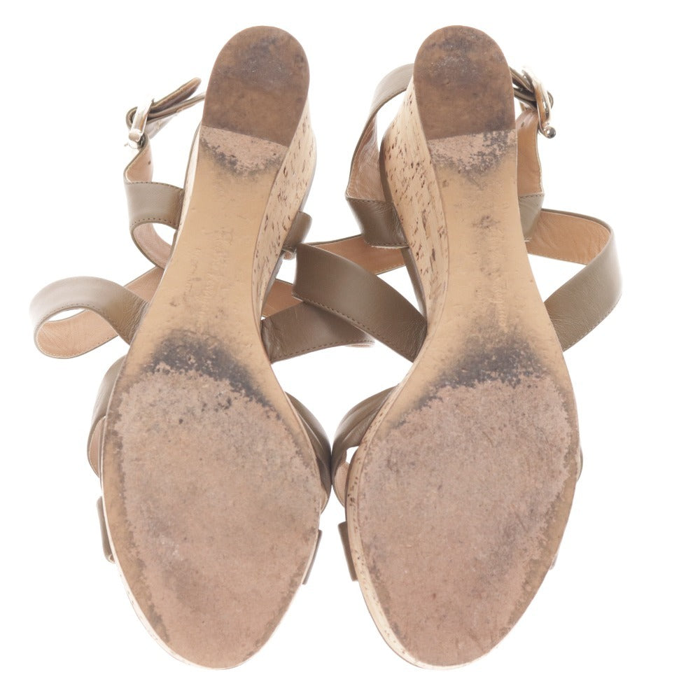 ■ フェラガモ サンダル シューズ 靴 ウェッジソール ストラップ ベルト レディース 6 カーキグレー グリーン 箱付き