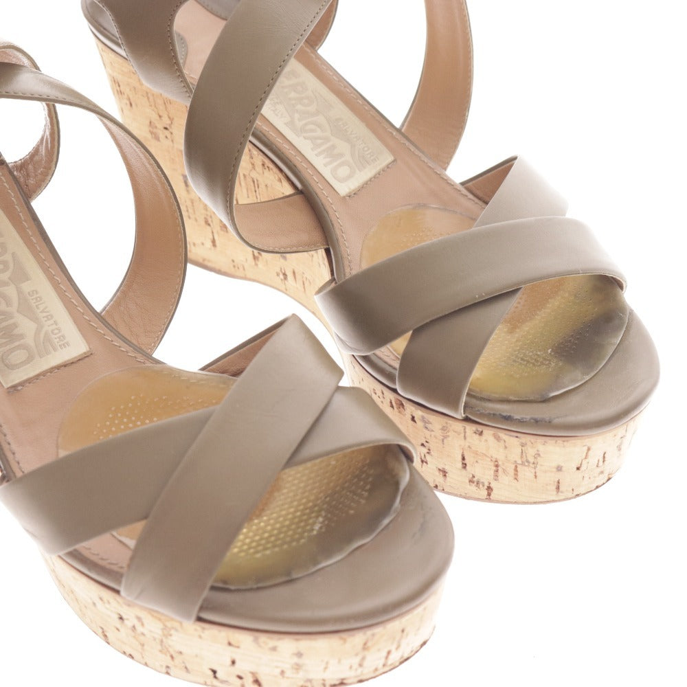 ■ フェラガモ サンダル シューズ 靴 ウェッジソール ストラップ ベルト レディース 6 カーキグレー グリーン 箱付き