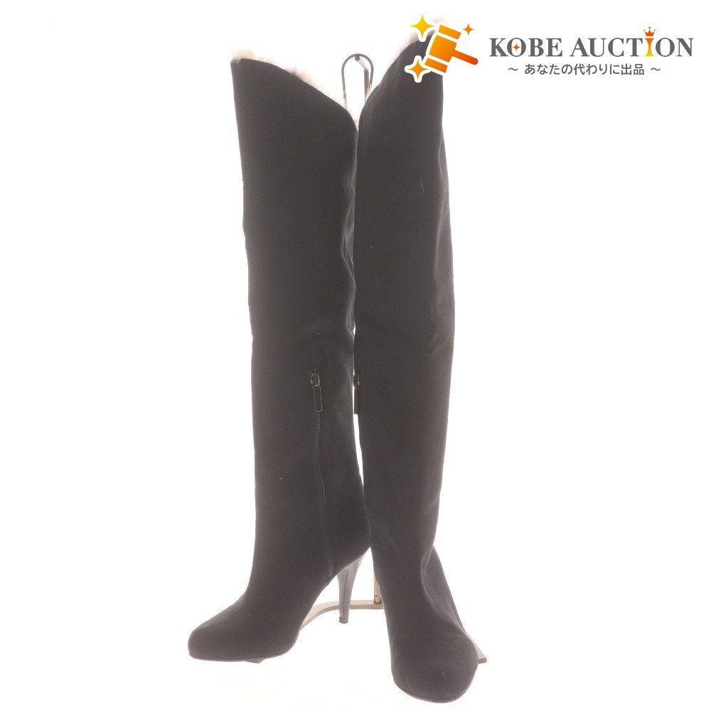 ■ POOL SIDE プールサイド ロングブーツ 革靴 スエード 中ボア ハイヒール ジップアップ レディース 22.5 ブラック