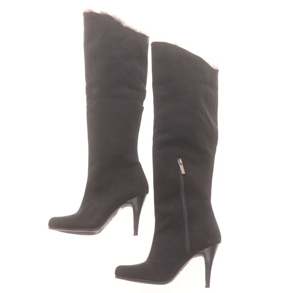 ■ POOL SIDE プールサイド ロングブーツ 革靴 スエード 中ボア ハイヒール ジップアップ レディース 22.5 ブラック