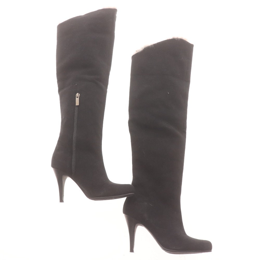 ■ POOL SIDE プールサイド ロングブーツ 革靴 スエード 中ボア ハイヒール ジップアップ レディース 22.5 ブラック