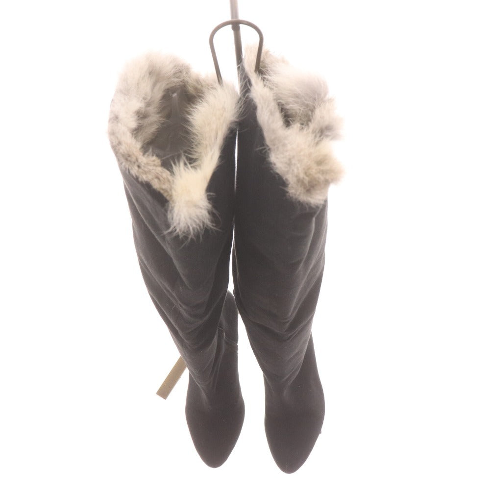 ■ POOL SIDE プールサイド ロングブーツ 革靴 スエード 中ボア ハイヒール ジップアップ レディース 22.5 ブラック