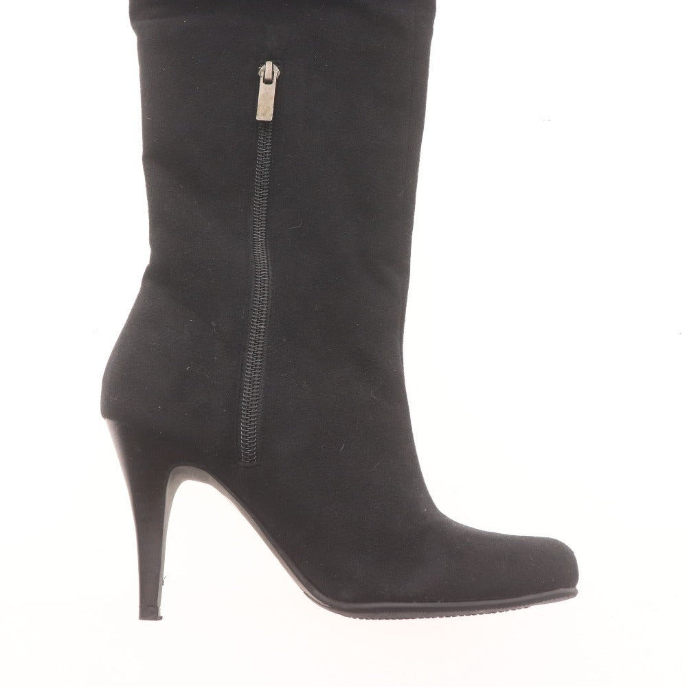 ■ POOL SIDE プールサイド ロングブーツ 革靴 スエード 中ボア ハイヒール ジップアップ レディース 22.5 ブラック