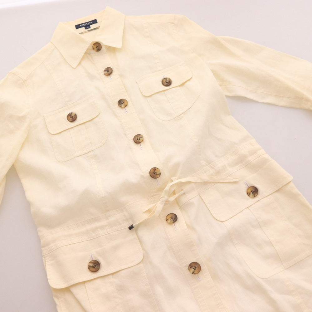 ■ バーバリー ロンドン シャツ 7分袖 トップス チェック ロング リネン レディース 40 ホワイト アイボリー