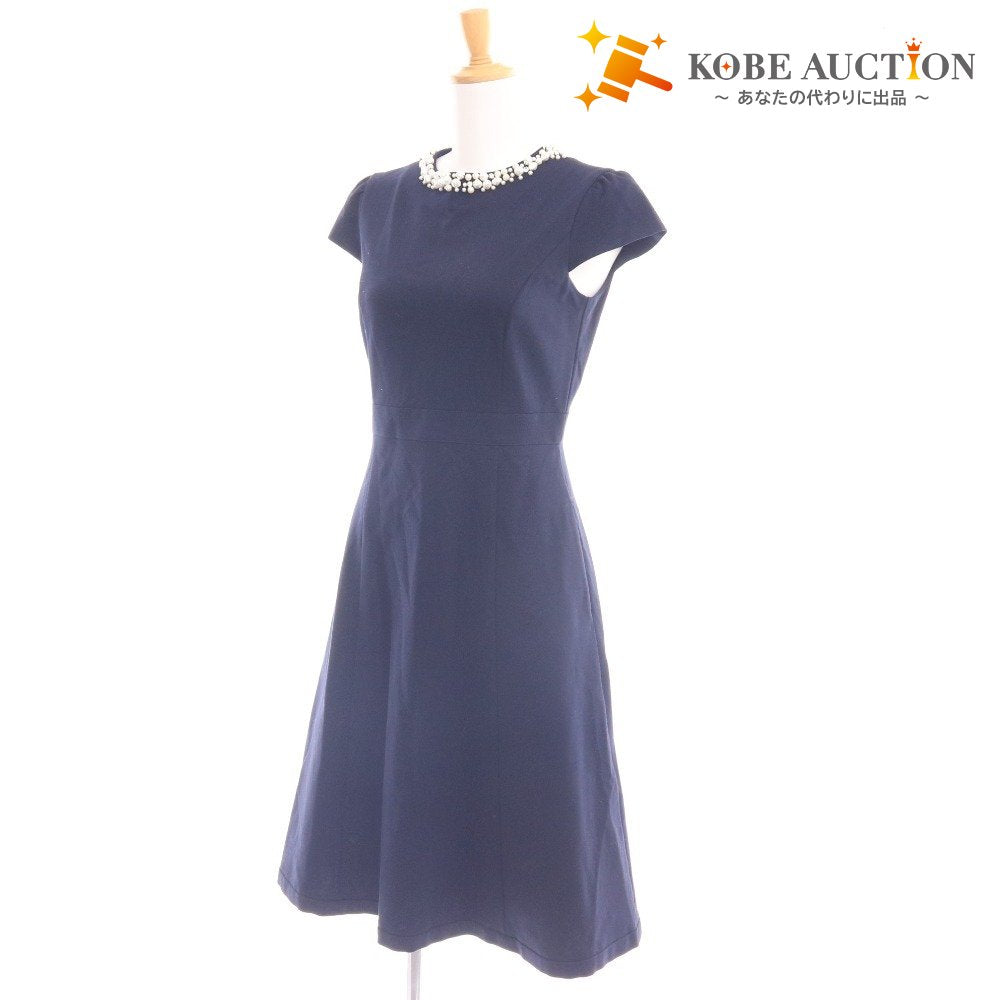 ■ トッカ ワンピース フレンチスリーブ トップス ボトムス パール ビジュー フレア ひざ丈 レディース XS ネイビー タグ付き 未使用