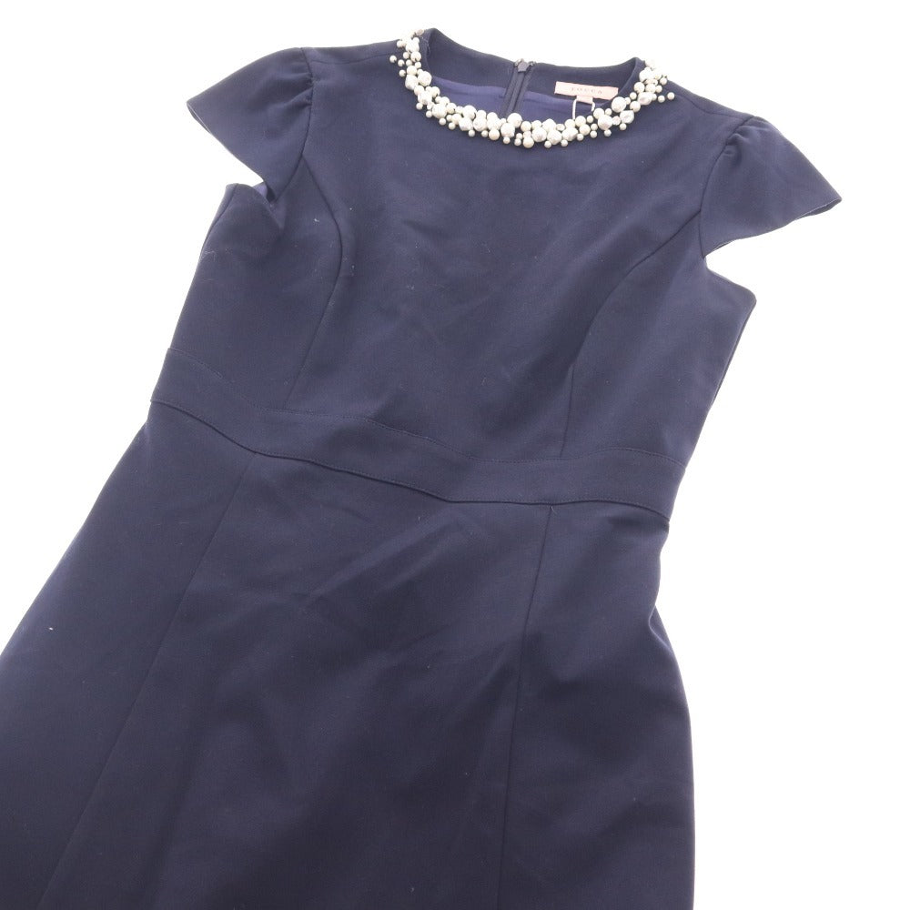 ■ トッカ ワンピース フレンチスリーブ トップス ボトムス パール ビジュー フレア ひざ丈 レディース XS ネイビー タグ付き 未使用