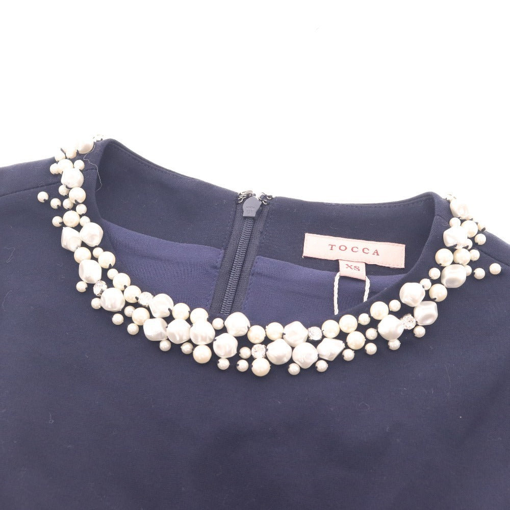 ■ トッカ ワンピース フレンチスリーブ トップス ボトムス パール ビジュー フレア ひざ丈 レディース XS ネイビー タグ付き 未使用