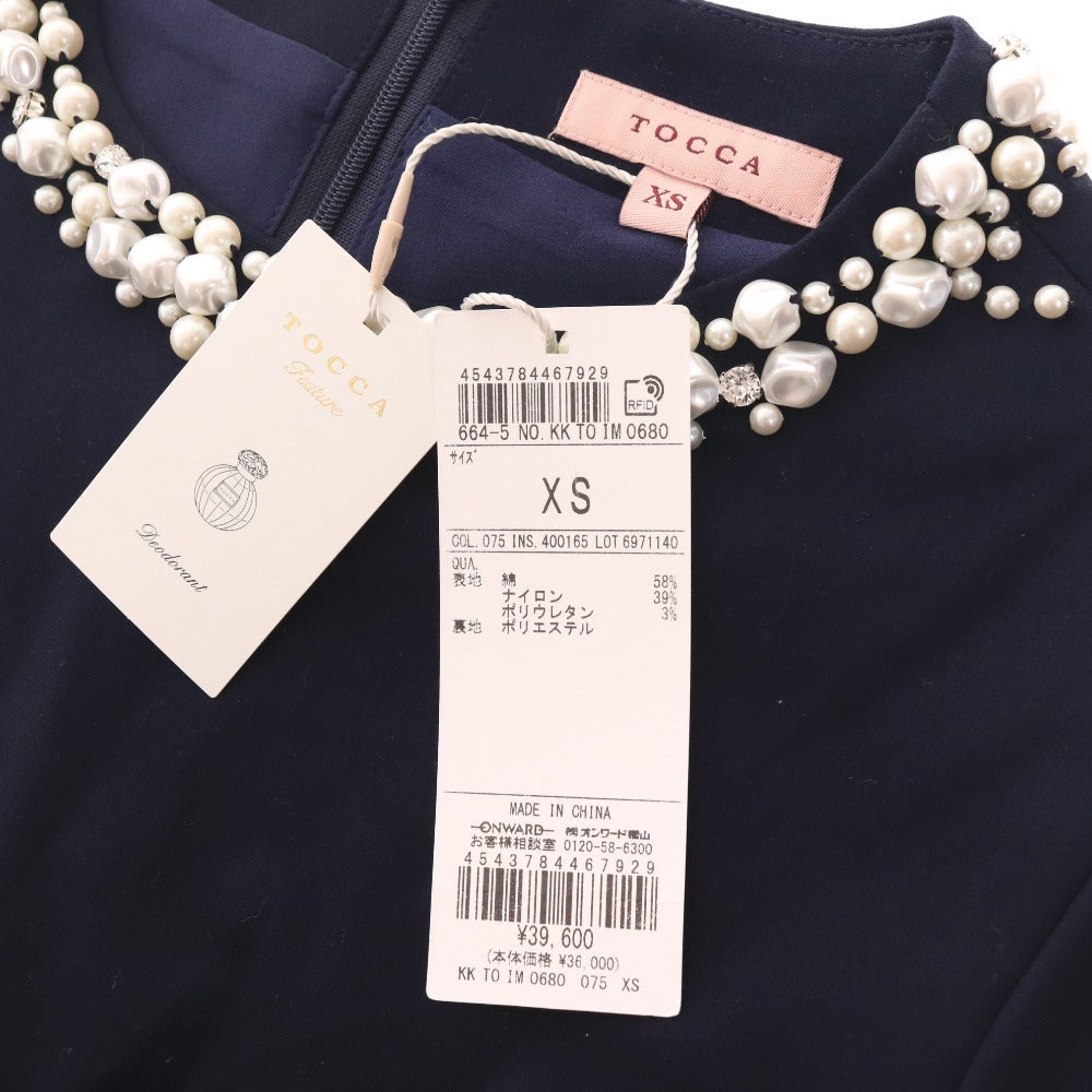 ■ トッカ ワンピース フレンチスリーブ トップス ボトムス パール ビジュー フレア ひざ丈 レディース XS ネイビー タグ付き 未使用