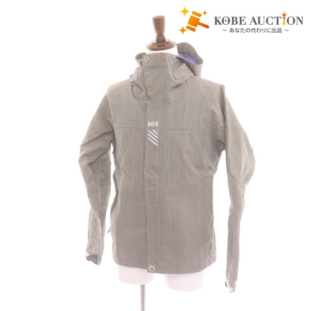 ■ HELLY HANSEN ヘリーハンセン レインコート ジャケット 長袖 アウター フード チェック柄 ファスナー 防水 雨具 メンズ M ベージュ系