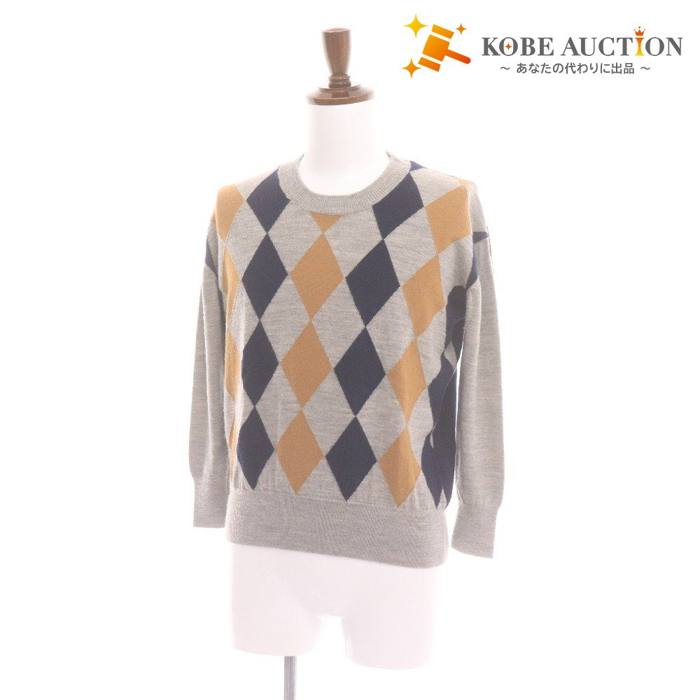 ■ Le Melange ルメランジュ ロングTシャツ ロンT 長袖 トップス ニット ひし形 総柄 メンズ 実寸 L相当 マルチカラー ライトグレー