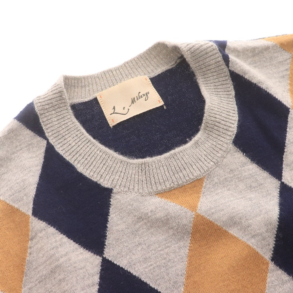 ■ Le Melange ルメランジュ ロングTシャツ ロンT 長袖 トップス ニット ひし形 総柄 メンズ 実寸 L相当 マルチカラー ライトグレー