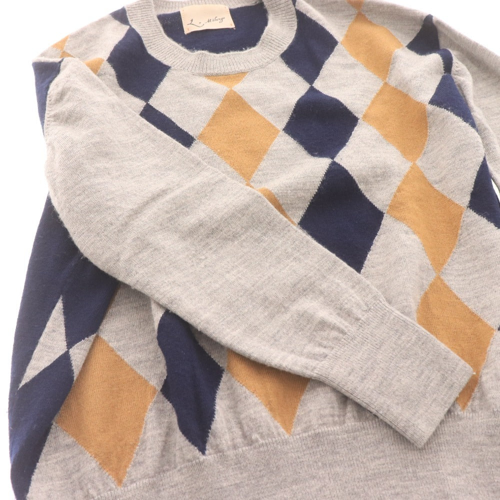 ■ Le Melange ルメランジュ ロングTシャツ ロンT 長袖 トップス ニット ひし形 総柄 メンズ 実寸 L相当 マルチカラー ライトグレー