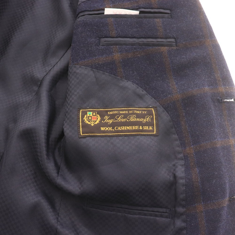 Loro Piana Men's Navy Checked Cashmere Jacket with Long Sleeves, Collar, Made in Italy, Size M, Size 96AB5