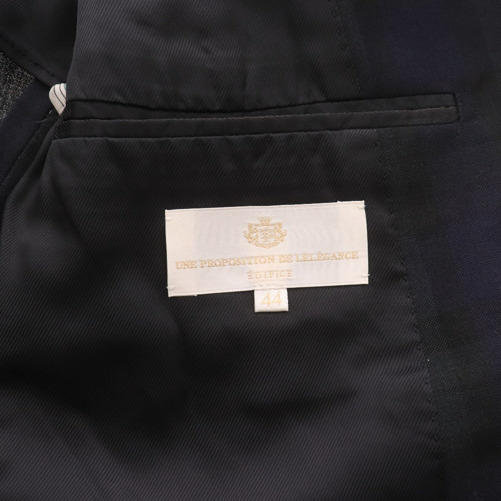 ■ EDIFICE エディフィス テーラードジャケット 長袖 アウター 襟 ボタン 胸ポケット チェック柄 日本製 メンズ 44 (S相当) ネイビー系