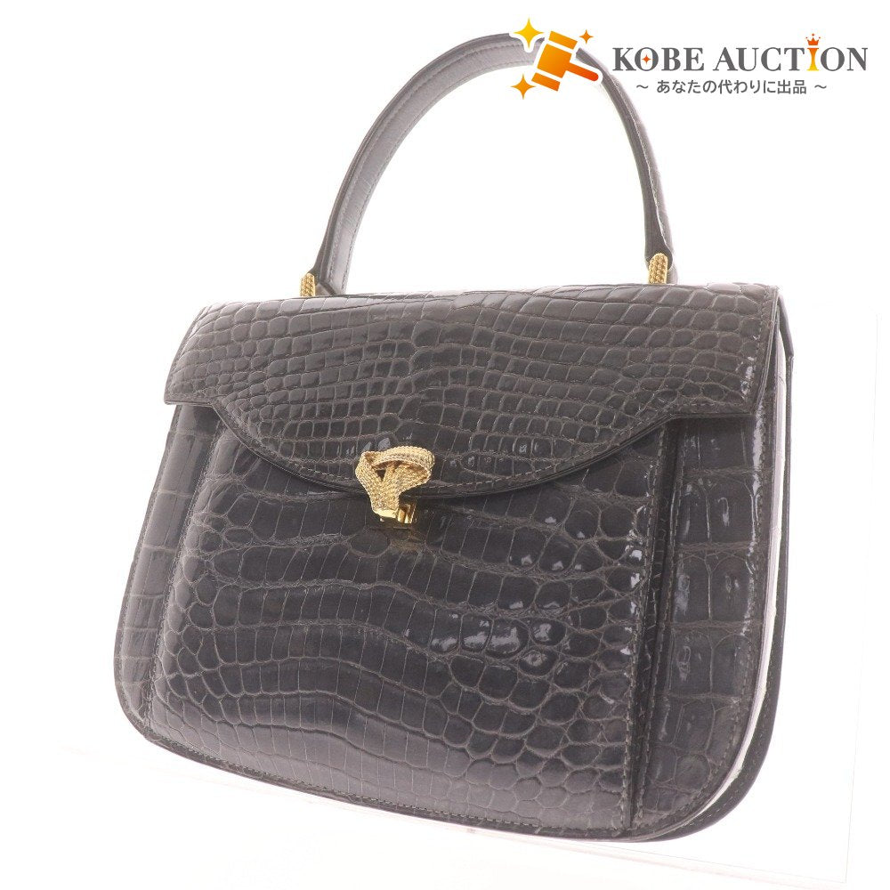 ■ トートバッグ ハンドバッグ 鞄 ワニ革 クロコダイル 金具 マーク レディース ネイビー