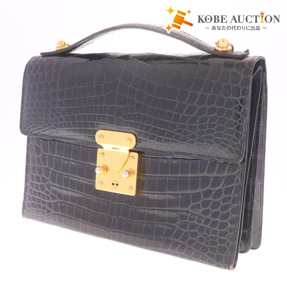 ■ KWANPEN Kwanpen Handbag, Crocodile Leather, Metal Fittings, Logo, Multiple Pockets, Women's, Navy, Accessories Included