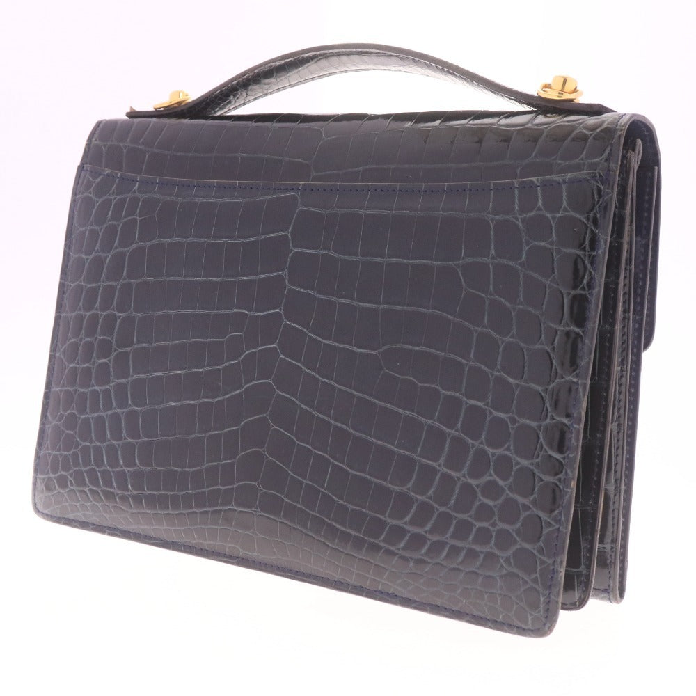 ■ KWANPEN Kwanpen Handbag, Crocodile Leather, Metal Fittings, Logo, Multiple Pockets, Women's, Navy, Accessories Included