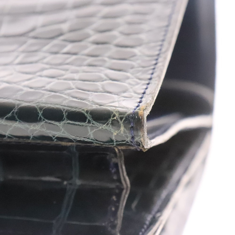 ■ KWANPEN Kwanpen Handbag, Crocodile Leather, Metal Fittings, Logo, Multiple Pockets, Women's, Navy, Accessories Included