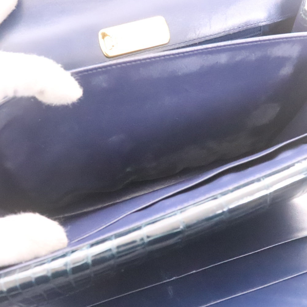 ■ KWANPEN Kwanpen Handbag, Crocodile Leather, Metal Fittings, Logo, Multiple Pockets, Women's, Navy, Accessories Included