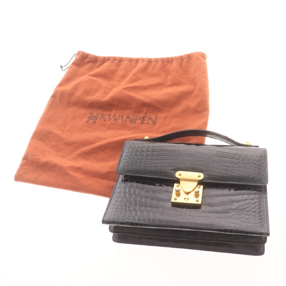 ■ KWANPEN Kwanpen Handbag, Crocodile Leather, Metal Fittings, Logo, Multiple Pockets, Women's, Navy, Accessories Included
