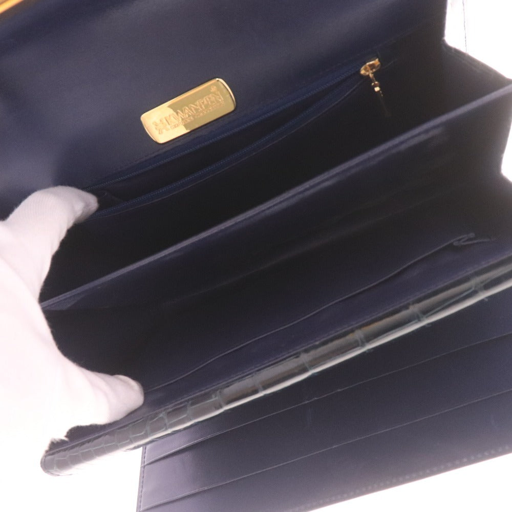■ KWANPEN Kwanpen Handbag, Crocodile Leather, Metal Fittings, Logo, Multiple Pockets, Women's, Navy, Accessories Included
