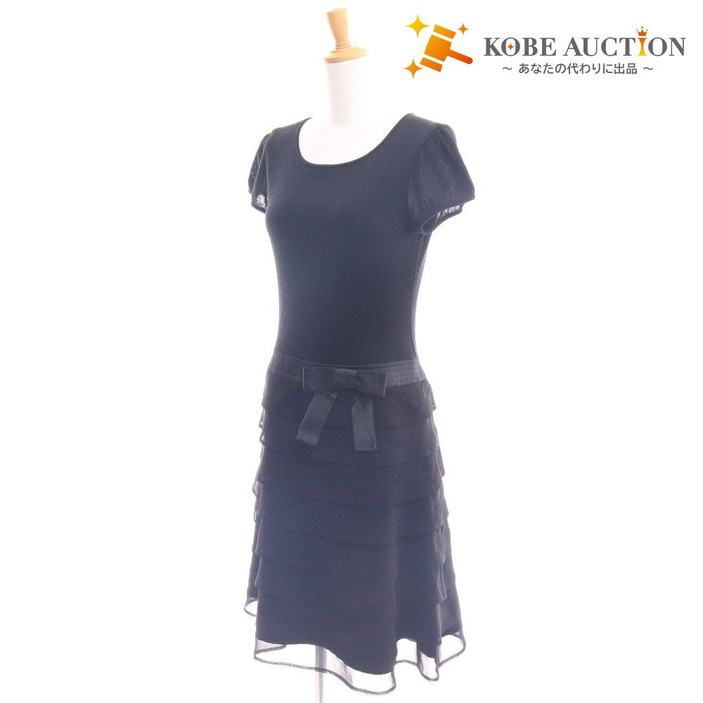 ■ エムズグレイシー ワンピース 半袖 トップス ボトムス フリル リボン ウエスト切り替え ひざ丈 レディース 38 ブラック