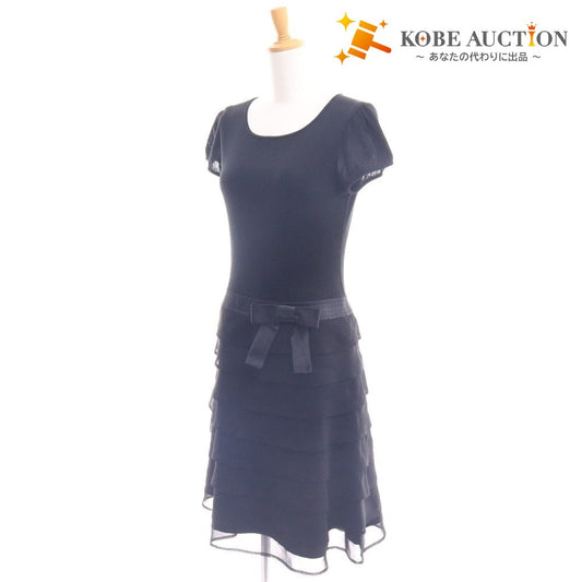 ■ エムズグレイシー ワンピース 半袖 トップス ボトムス フリル リボン ウエスト切り替え ひざ丈 レディース 38 ブラック