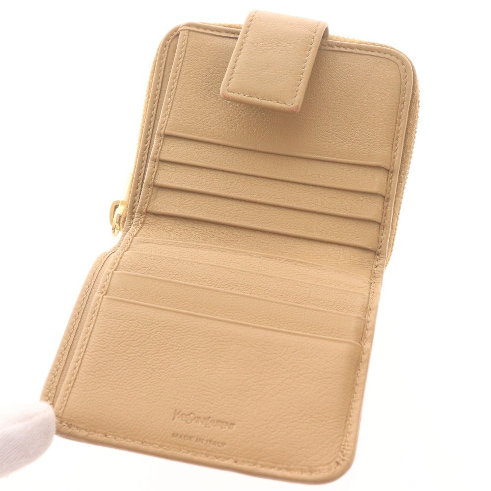 ■ イヴサンローラン 二つ折り財布 568985 CP20O 2718 ラウンドファスナー コンパクトジップ レディース ベージュ 付属品付き