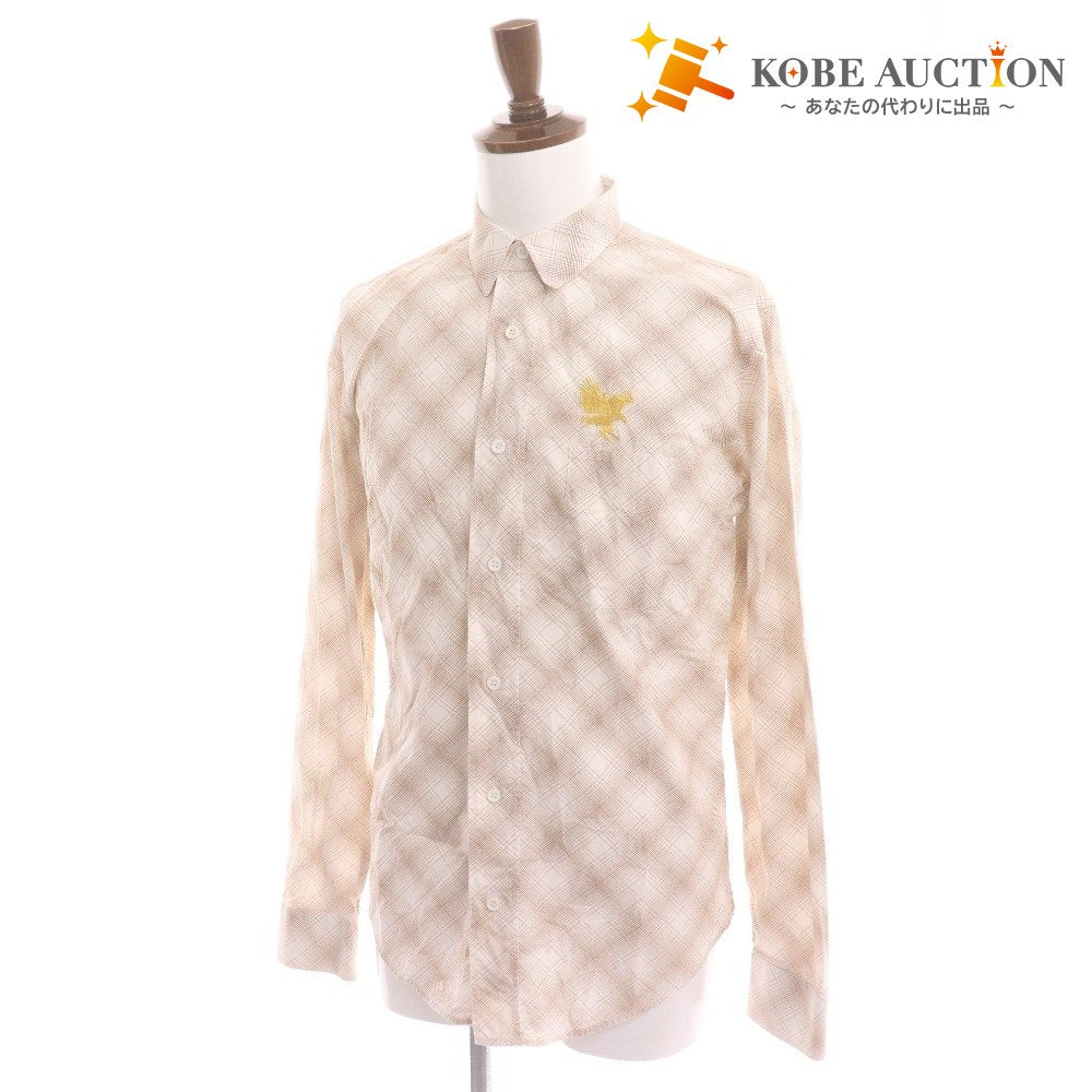 Dior Homme Long Sleeve Shirt with Eagle Embroidery and Check Pattern, Men's Size 40 (Equivalent to L), Brown and Beige