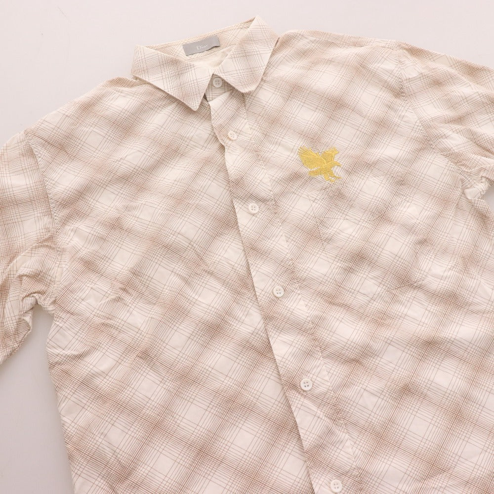 Dior Homme Long Sleeve Shirt with Eagle Embroidery and Check Pattern, Men's Size 40 (Equivalent to L), Brown and Beige