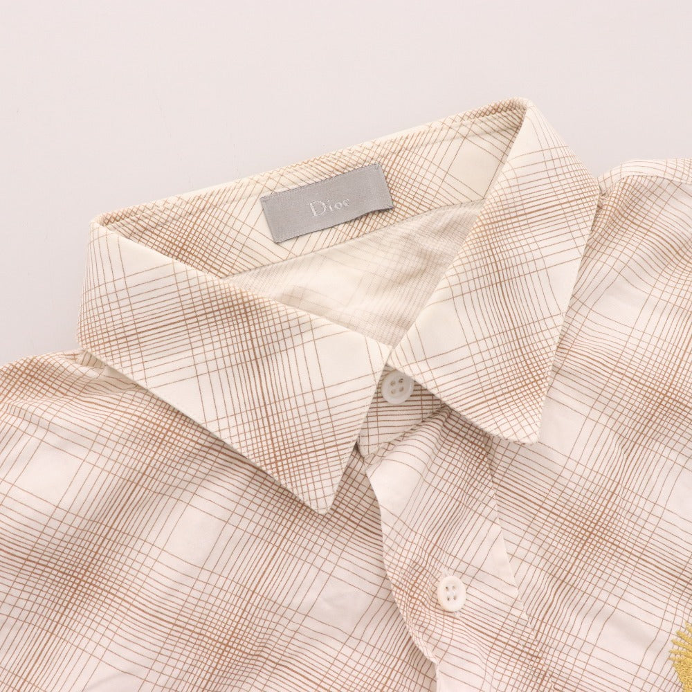 Dior Homme Long Sleeve Shirt with Eagle Embroidery and Check Pattern, Men's Size 40 (Equivalent to L), Brown and Beige