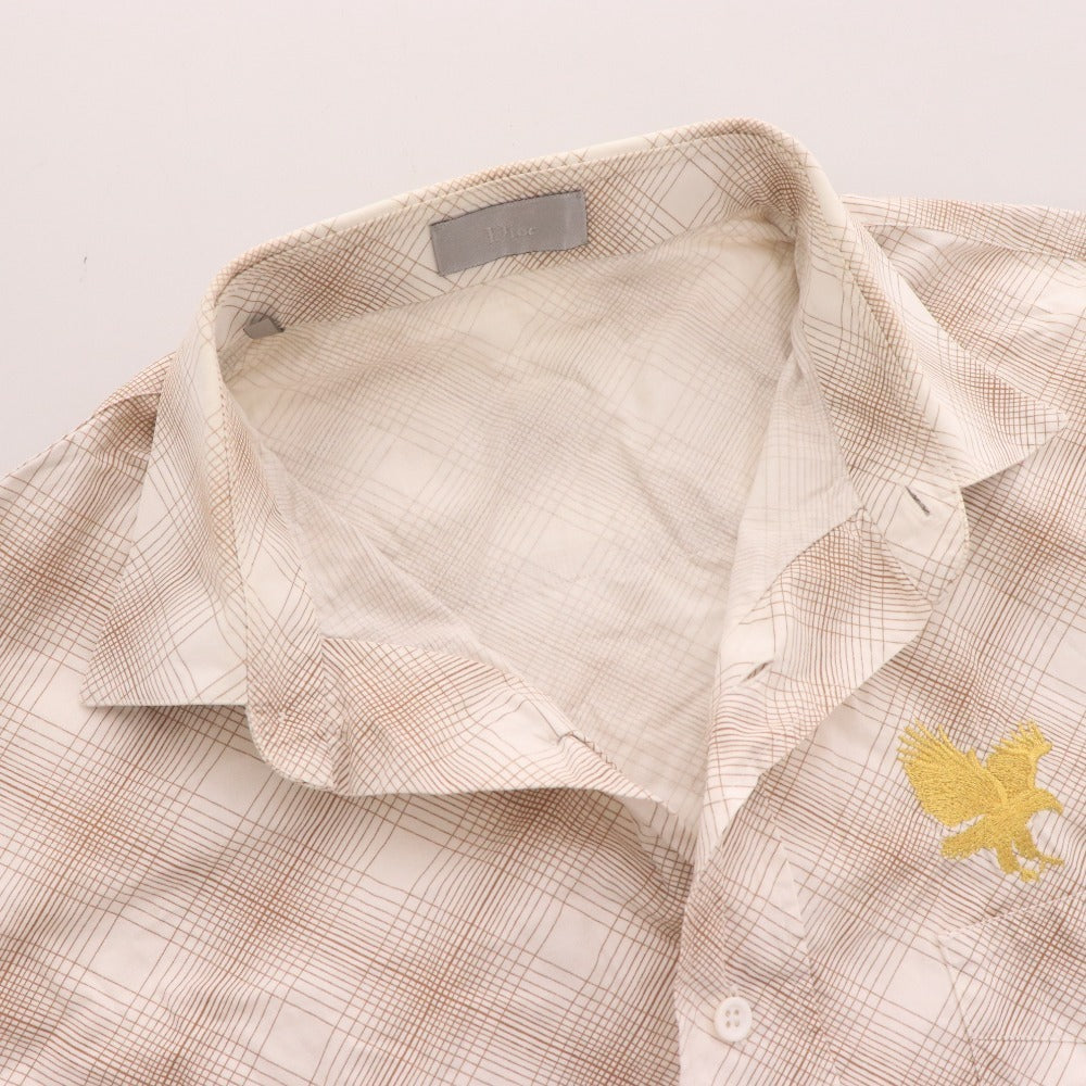 Dior Homme Long Sleeve Shirt with Eagle Embroidery and Check Pattern, Men's Size 40 (Equivalent to L), Brown and Beige