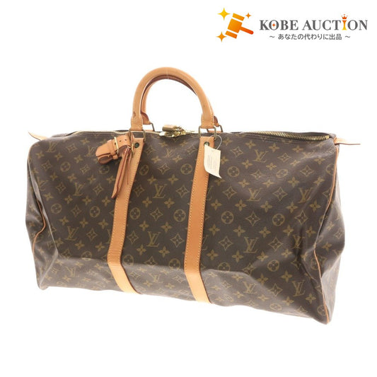 ■ Louis Vuitton Monogram Keepall Bandouliere 55 Boston Bag Handbag with Gold Hardware and Name Tag, Dark Brown