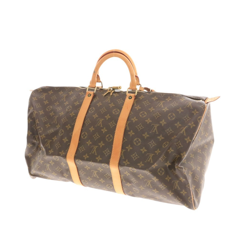 ■ Louis Vuitton Monogram Keepall Bandouliere 55 Boston Bag Handbag with Gold Hardware and Name Tag, Dark Brown