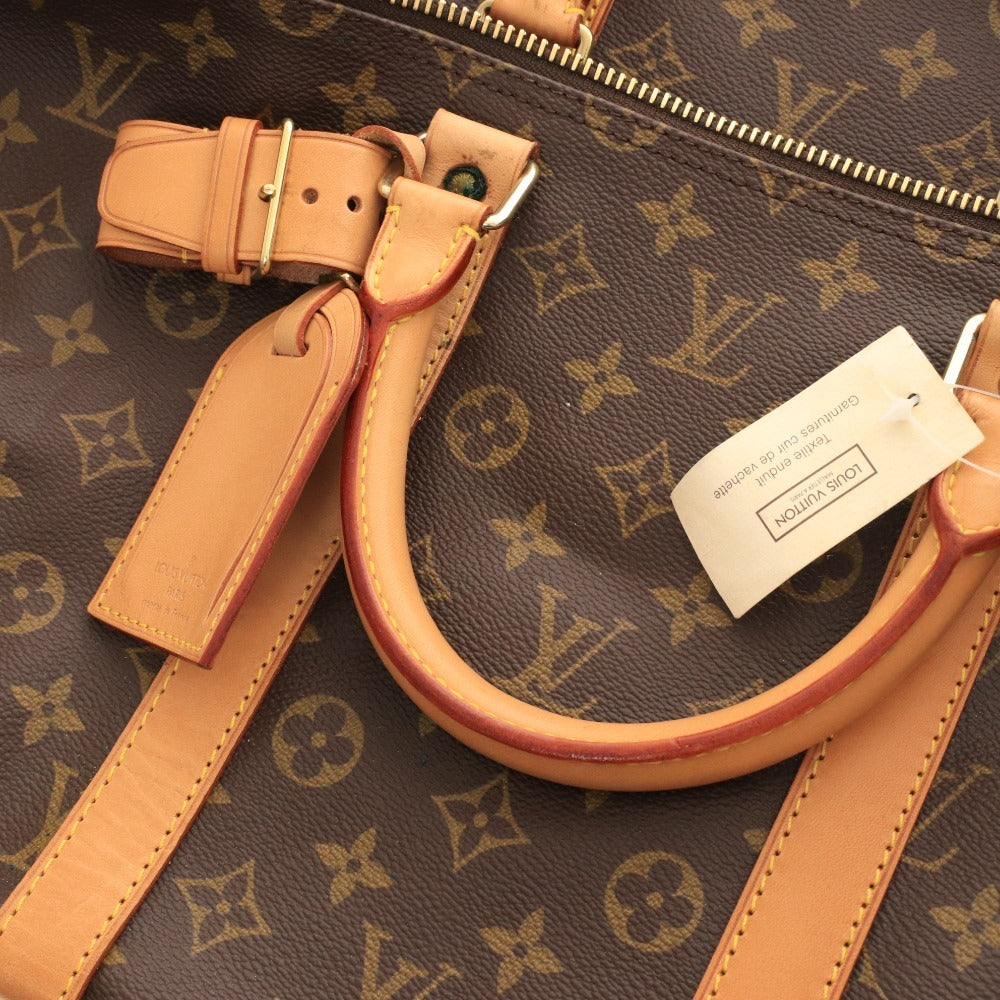 ■ Louis Vuitton Monogram Keepall Bandouliere 55 Boston Bag Handbag with Gold Hardware and Name Tag, Dark Brown