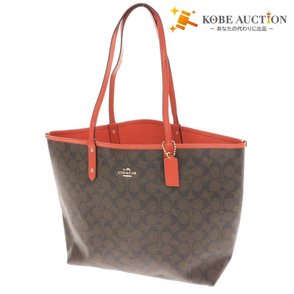 ■ COACH Signature Reversible Tote Bag, Handbag, Gold Logo, Women's, Dark Brown, Red, with Pouch