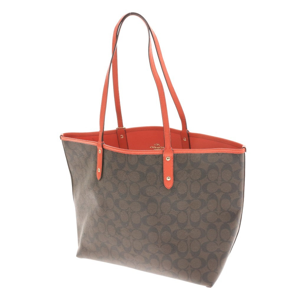 ■ COACH Signature Reversible Tote Bag, Handbag, Gold Logo, Women's, Dark Brown, Red, with Pouch