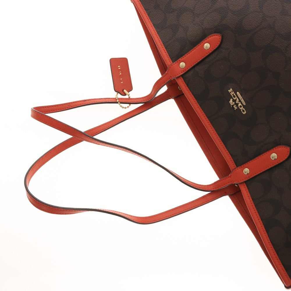 ■ COACH Signature Reversible Tote Bag, Handbag, Gold Logo, Women's, Dark Brown, Red, with Pouch