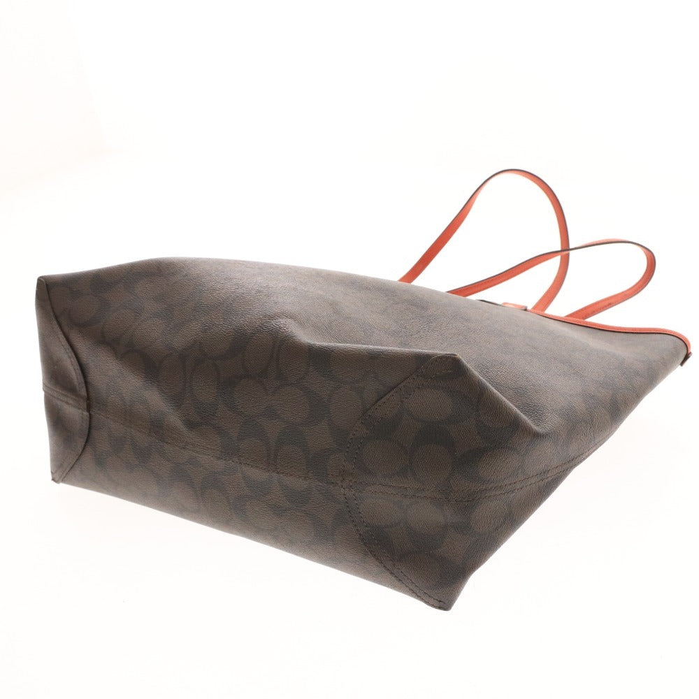 ■ COACH Signature Reversible Tote Bag, Handbag, Gold Logo, Women's, Dark Brown, Red, with Pouch