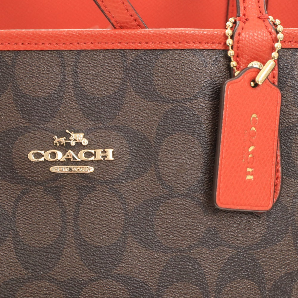 ■ COACH Signature Reversible Tote Bag, Handbag, Gold Logo, Women's, Dark Brown, Red, with Pouch