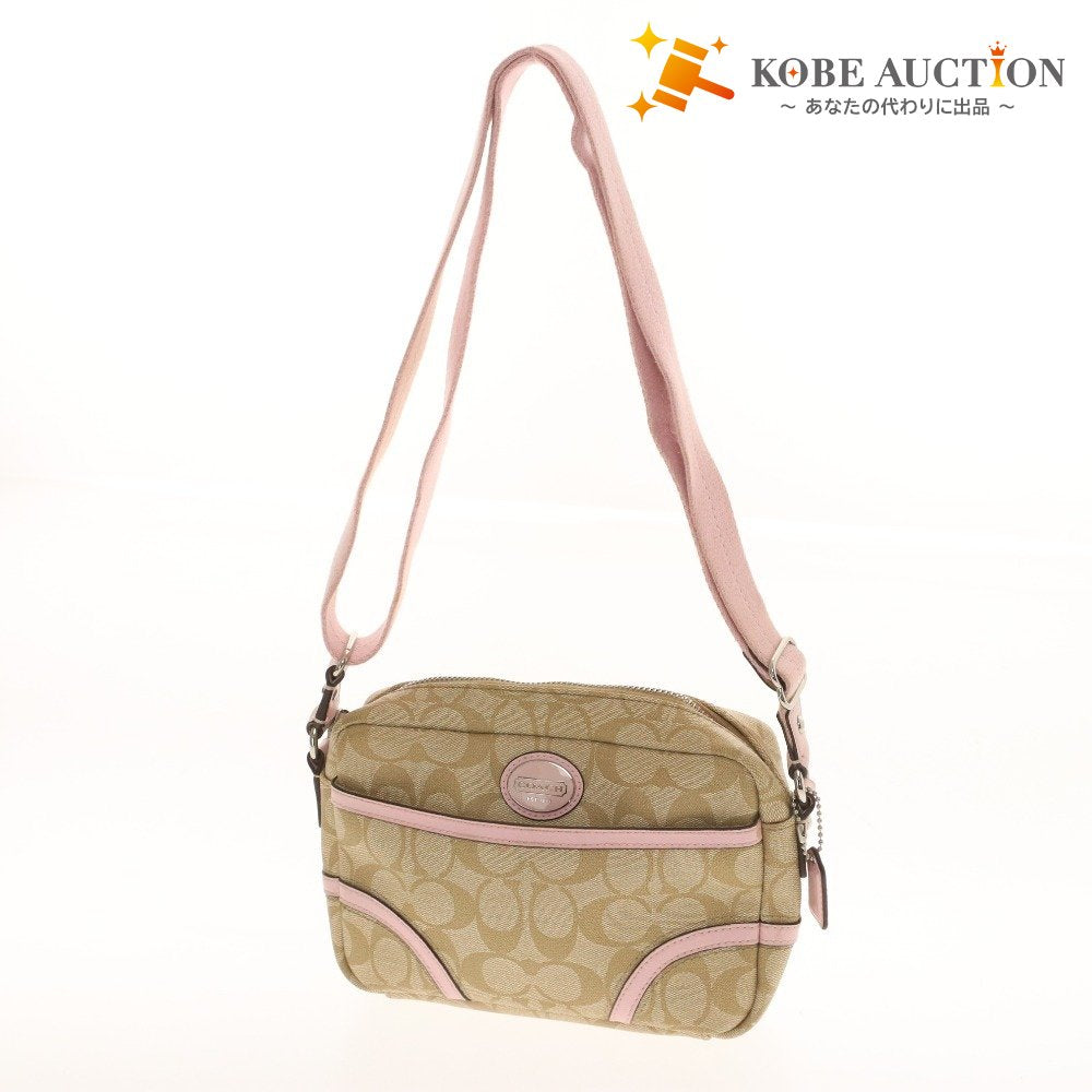 ■ COACH Signature PVC Shoulder Bag, Crossbody Bag, Zipper Closure, Logo, Women's, Beige, Pink