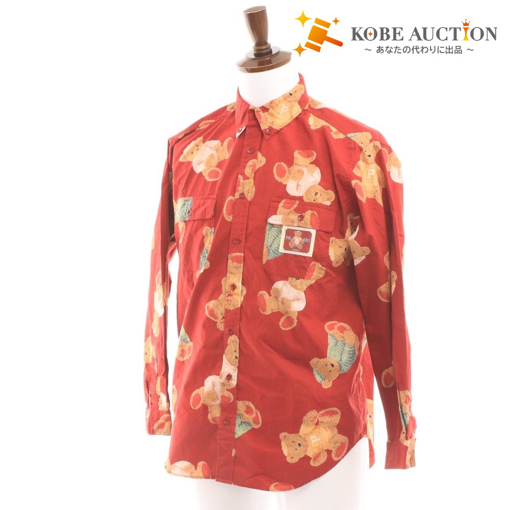 ■ ピンクハウス シャツ 長袖 トップス くま ボタンダウン 胸ポケット メンズ M レッド