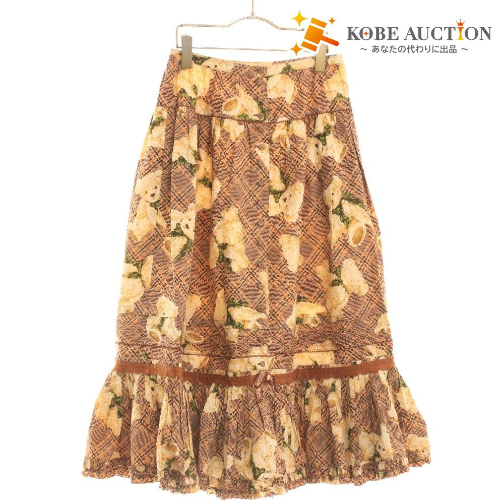 Pink House Women's Long Skirt with Bear Pattern, Check Pattern, and Ruffled Hem, Brown