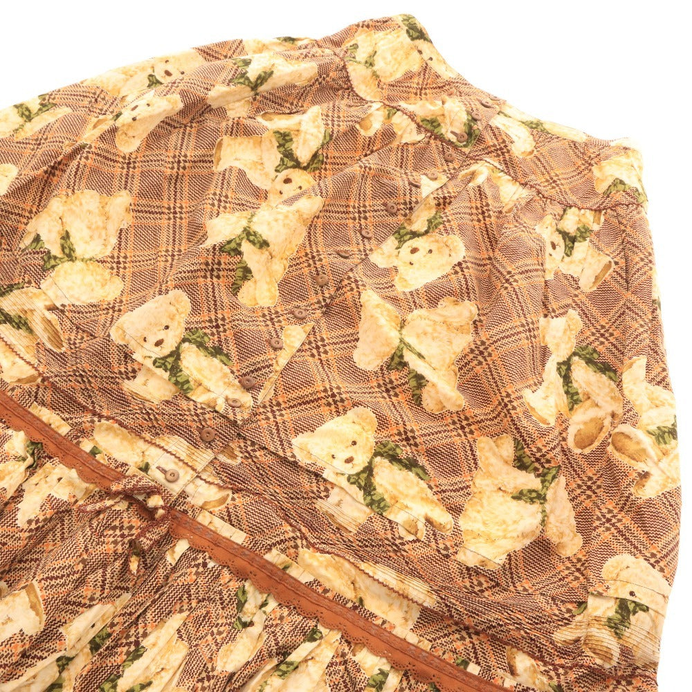 Pink House Women's Long Skirt with Bear Pattern, Check Pattern, and Ruffled Hem, Brown