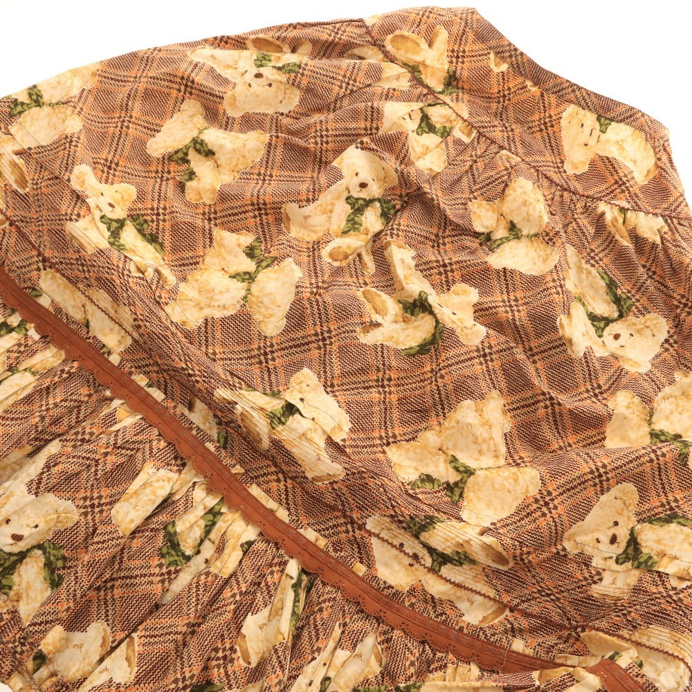 Pink House Women's Long Skirt with Bear Pattern, Check Pattern, and Ruffled Hem, Brown