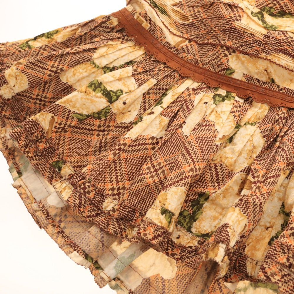 Pink House Women's Long Skirt with Bear Pattern, Check Pattern, and Ruffled Hem, Brown