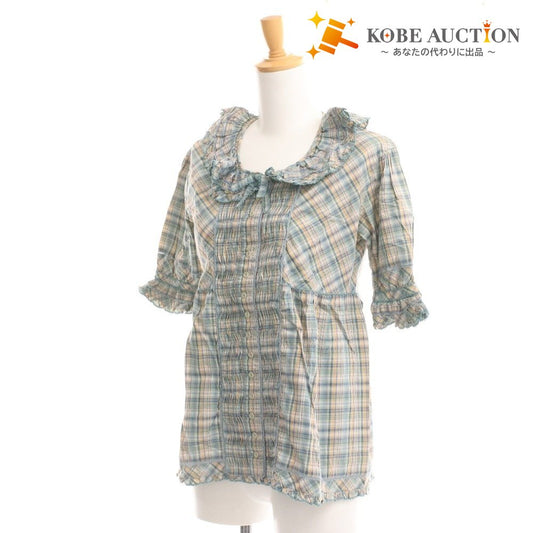 ■ ピンクハウス ブラウス 半袖 トップス チェック フリル リボン レディース グリーン系