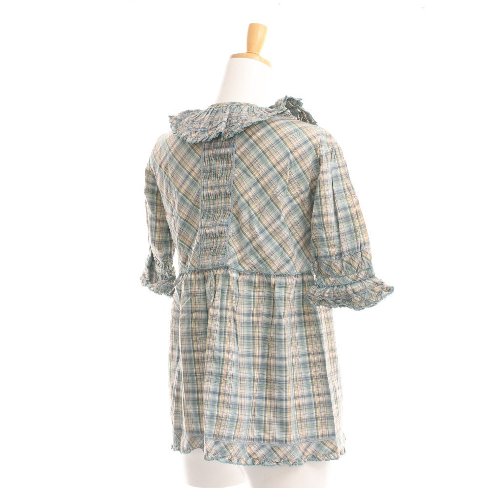 ■ ピンクハウス ブラウス 半袖 トップス チェック フリル リボン レディース グリーン系