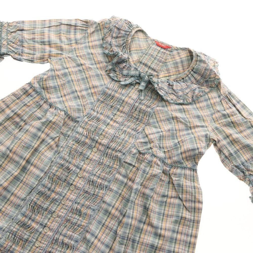 ■ ピンクハウス ブラウス 半袖 トップス チェック フリル リボン レディース グリーン系